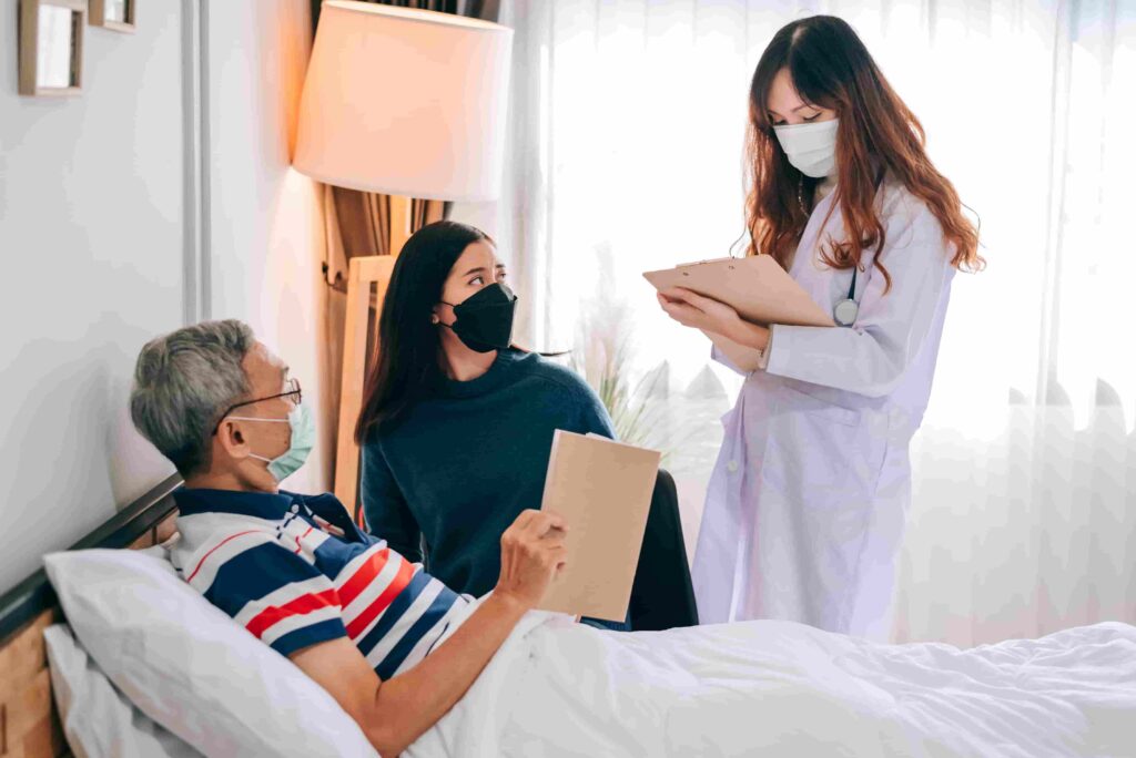 Asian Doctor Visit Examines Senior Man Home Doctor Checking Up Consulting Retirement Health Partienthospital Services Wearing Mask Protect